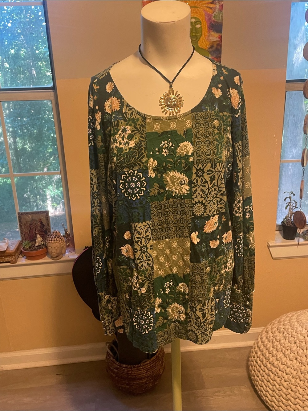 Cato Green Patchwork Boho Cotton Floral Scoop-Neck Long-Sleeve Top